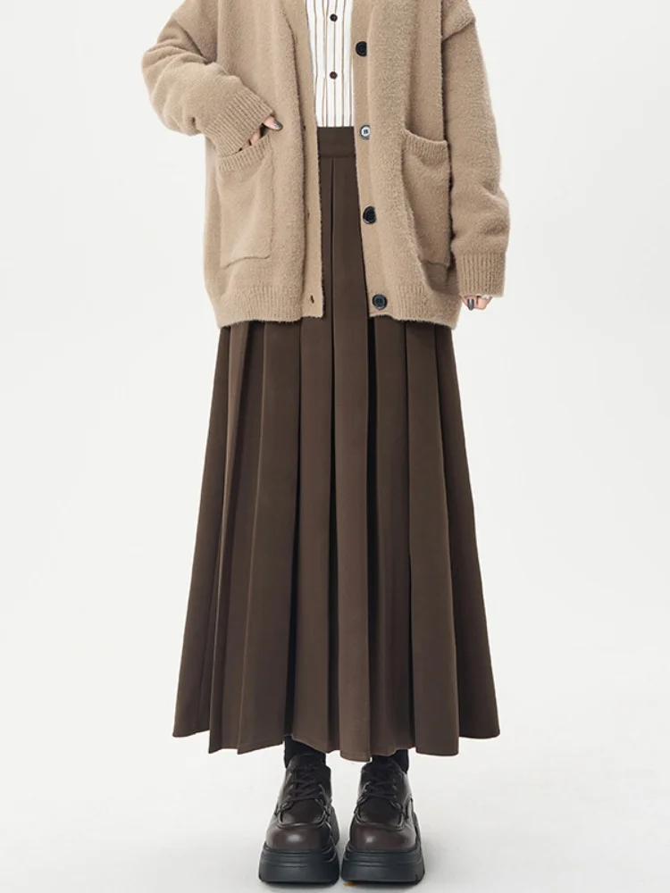 Khaki Woolen Plaid Skirt High Waist Slimming Midi A-Line Skirt Women's Fashion Autumn Winter New Style Commute Korean Style