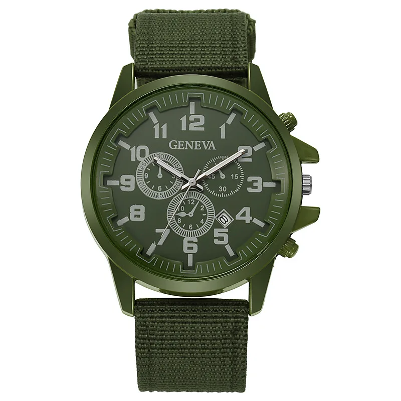 2026 GENEVA Men's  Green  Watch Big Number Dial Sport Wristwatch Nylon Fabric Strap Outdoor Casual
