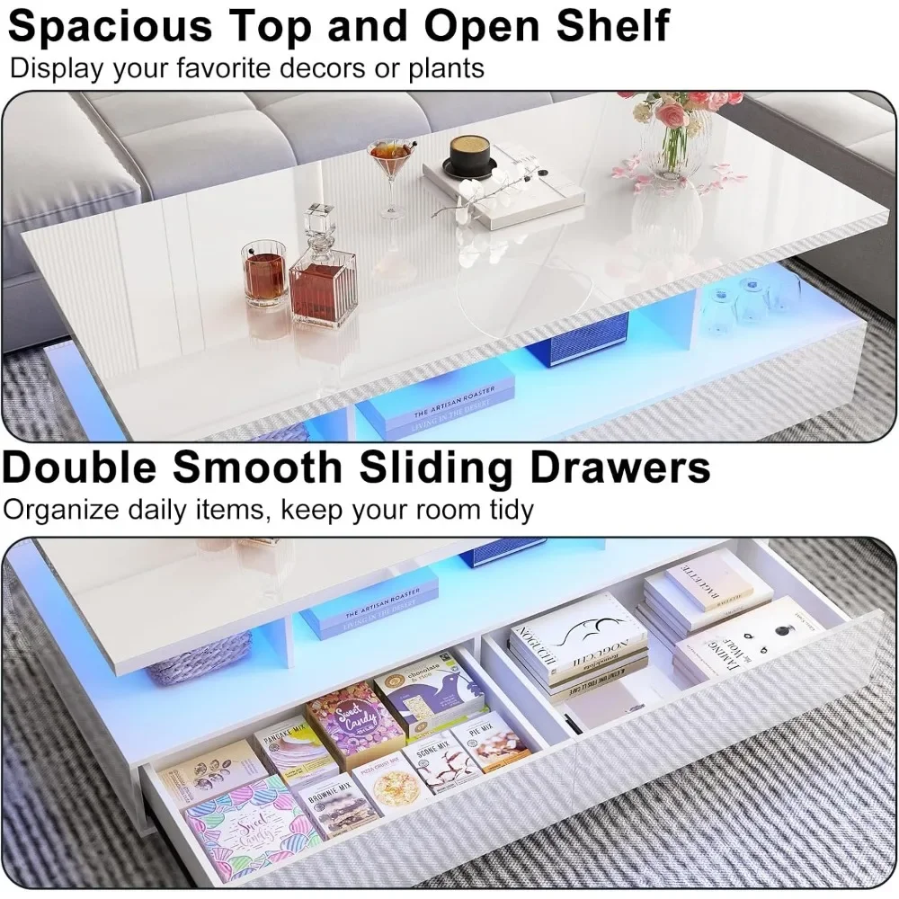LED Coffee Table W/ 2 Storage Drawers,High Gloss Modern White Coffee Table W/60,000-Color Lights,Rectangle 2-Tier Center Table