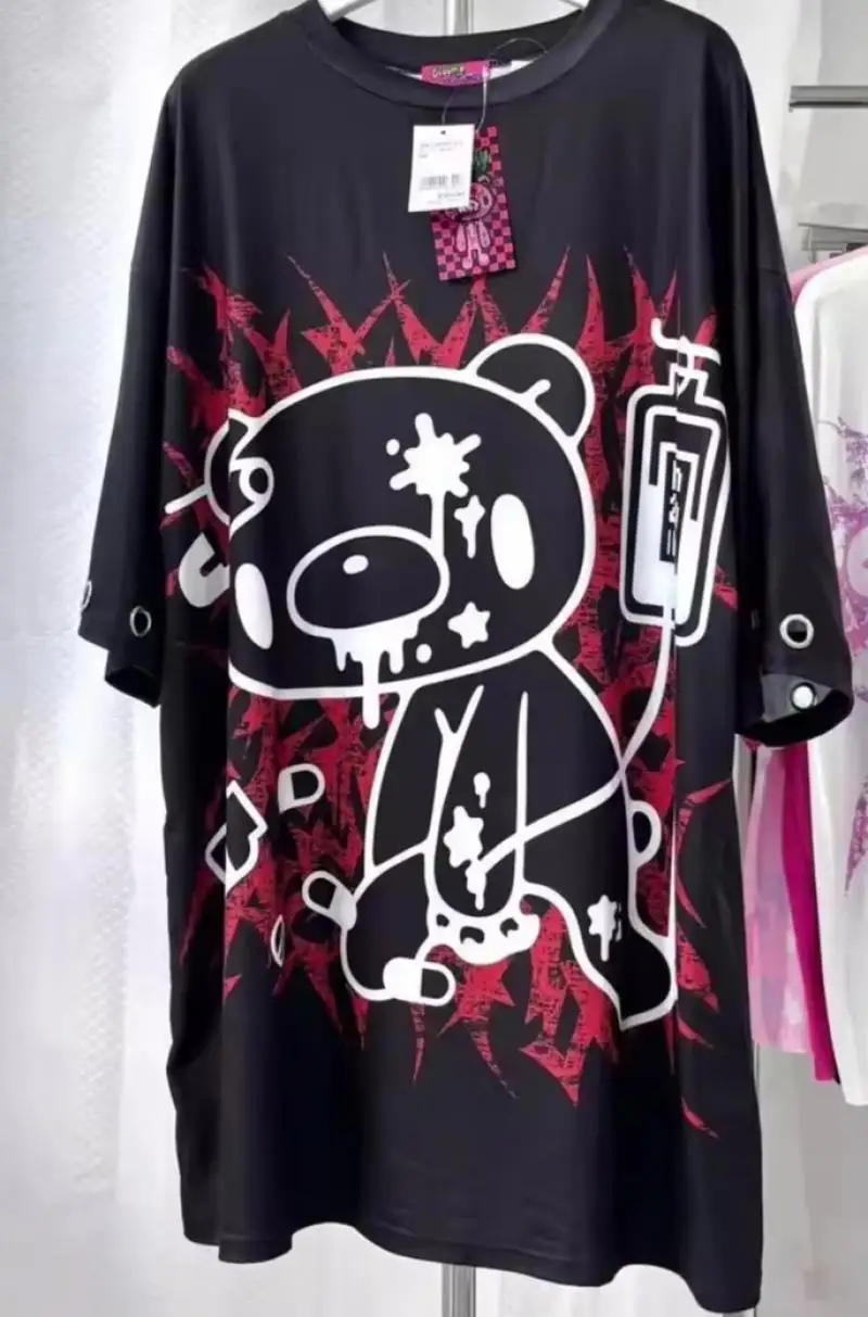 Y2K Japanisches, dunkles, übergroßes Subkultur-T-Shirt mit kurzen Ärmeln, rot-schwarz, kontrastierende Farben, Cartoon-Print, Rundhalsausschnitt, Gothic-Oberteil – Detail 5