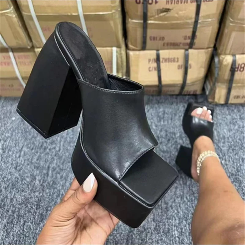 2024 New Womens Thick-soled High Heels Fashionable Print Brand Design High Heel Slippers Versatile Square Toe Party Summer Shoes