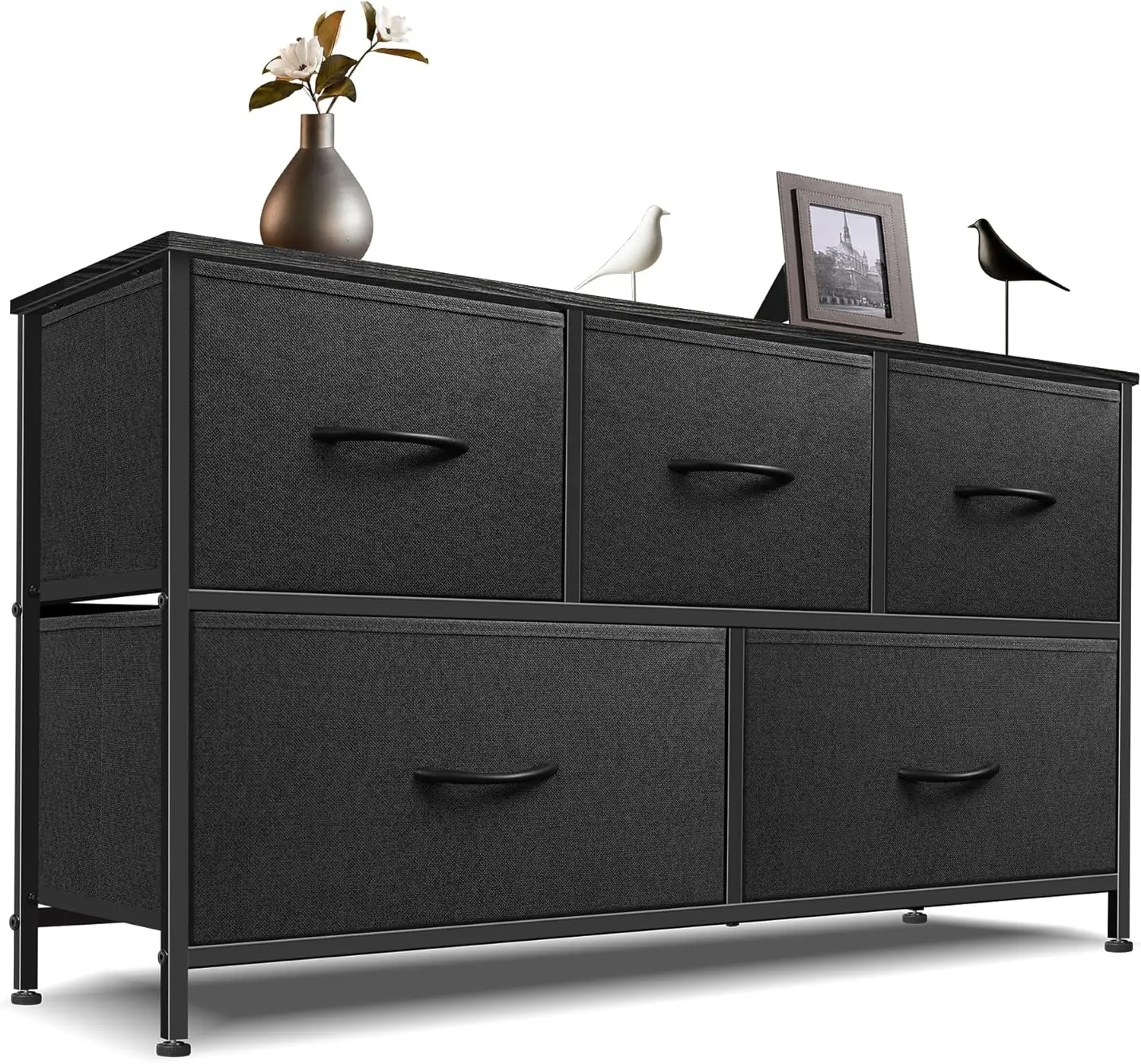 

Dresser For Bedroom With 5 Drawers, Chest Of Drawers, Storage Drawers Organizer Unit, Black Wide Fabric Dresser With Fabric