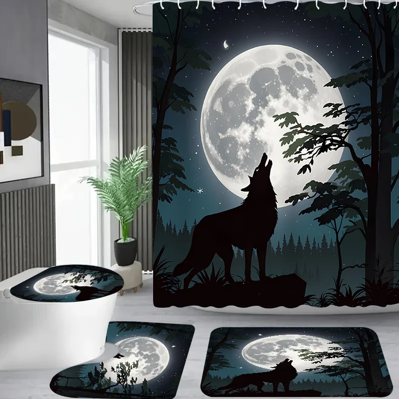 

Набор занавесок для душа Wolves Howling at Night с 12 крючками, ковриком для ванной комнаты, чехлом на сиденье унитаза и U-образным ковриком — полиэстер, всесезонный