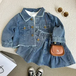 0-6 year old girl's denim set with retro lapel long sleeved denim jacket+pleated skirt cover girl's fashionable and trendy set