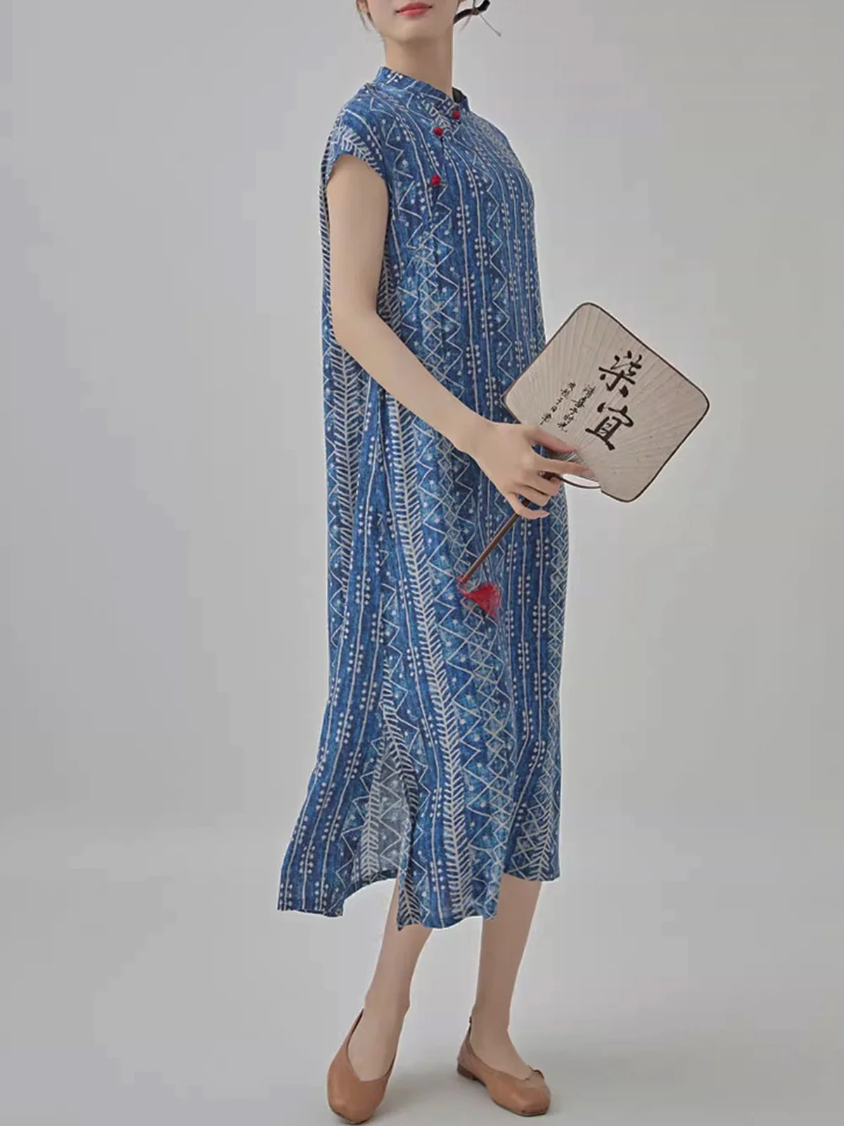 فستان شيونغسام تشيباو الصيني للنساء، فستان ريترو نحيف بإبزيم قرصي وأكمام قصيرة من القطن والكتان مخطط ومطبوع، فساتين طويلة للصيف