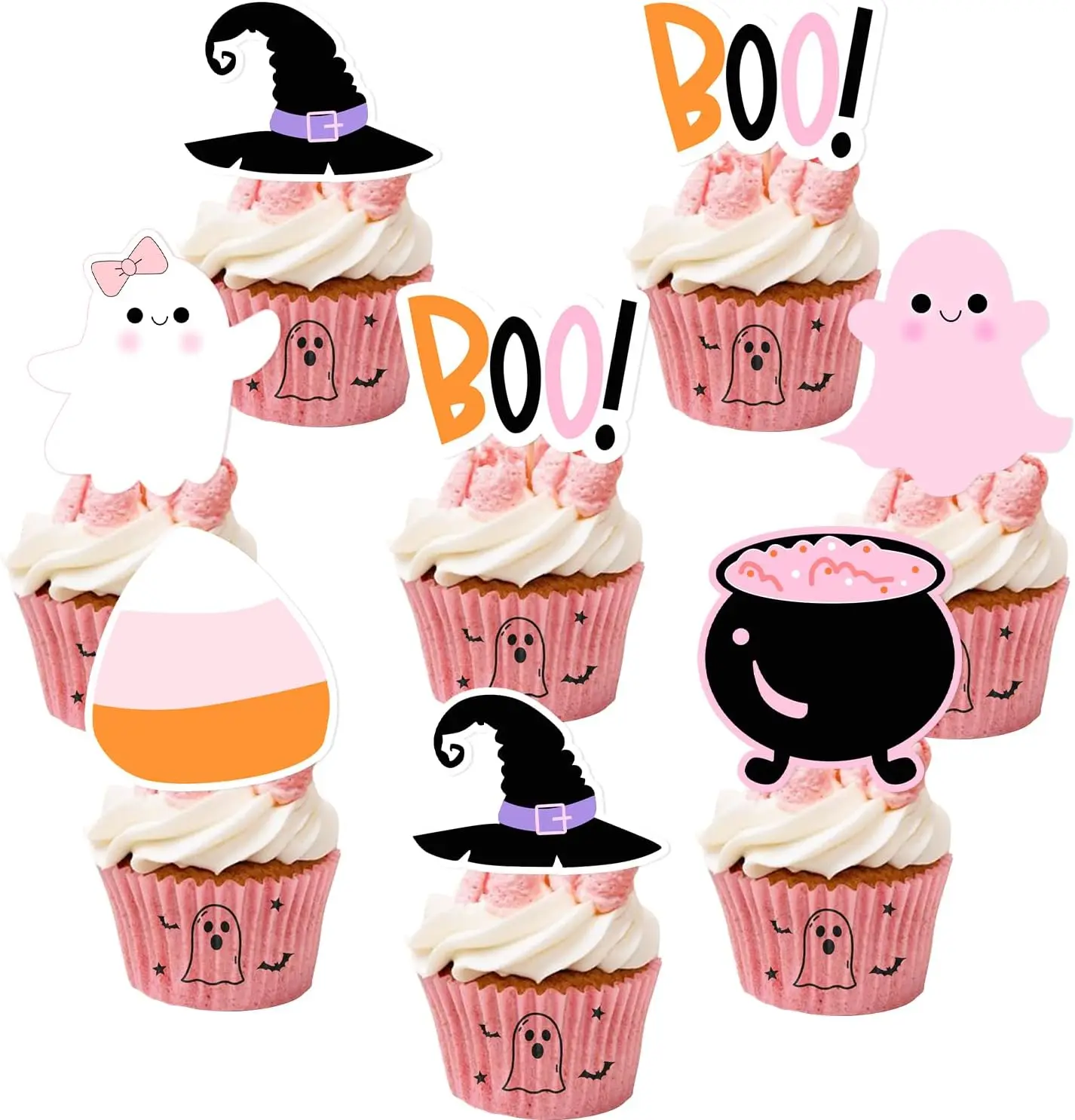 

Fangleland 36Pcs Pink Halloween Ghost Witch Hat Boo Cake Decorations for Gilrs Birthday Party Baby Shower Party Decro Supplies