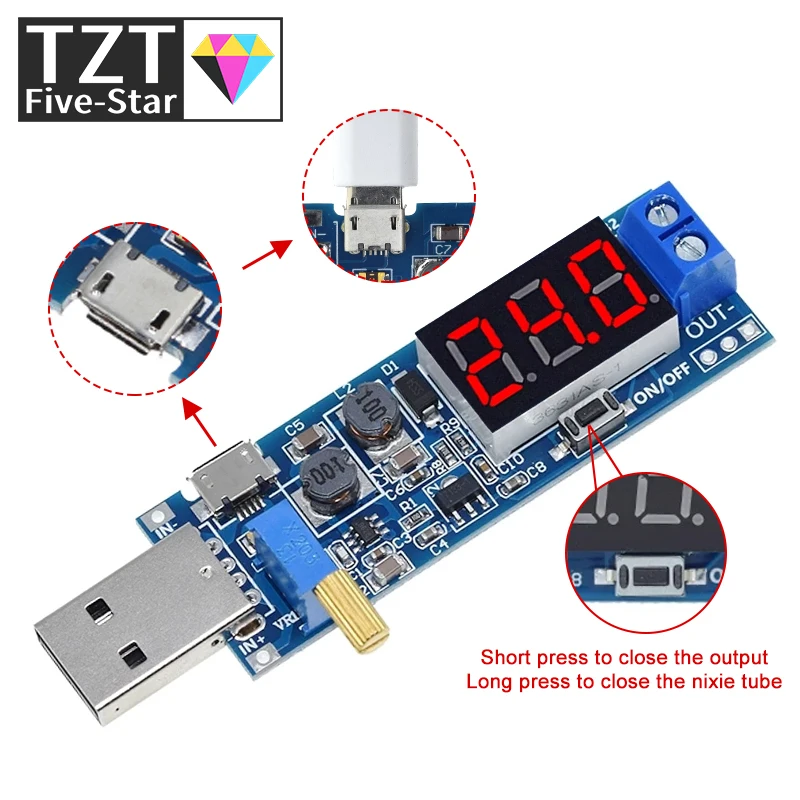 TZT Boost Buck Converter USB Step UP / Down Power Supply Module DC-DC 5V to 3.3V / 12V Adjustable Output DC 1.2V-24V