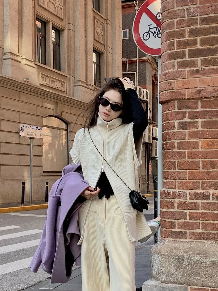 

Warmth Knitted Zipper Vest High Collar Half Sleeve Sweater Korean Style Knit Cardigan Outerwear Fashionable Set for Teens