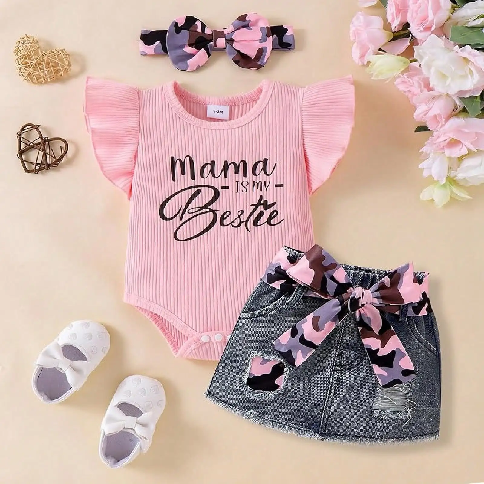 

Baby Girl Clothes Newborn Romper Ruffle Sleeve Short Jeans Skirt With Headband Infant Outfits Set 0-18 Months