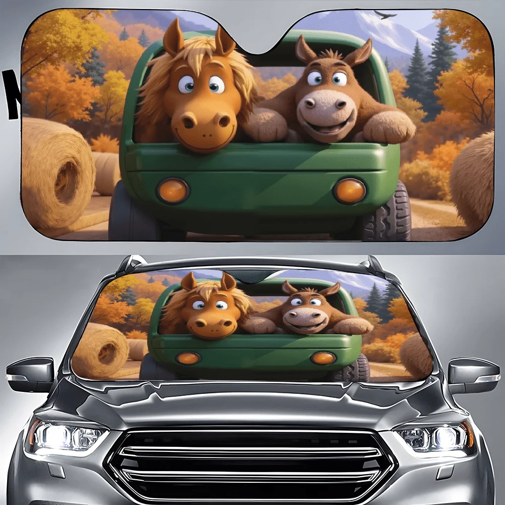 Couple Of Horses Sitting In The Back Of A Green Truck Car Auto Sunshades Car Sunshade, Front Window Sun Cover For Car, Auto Suns