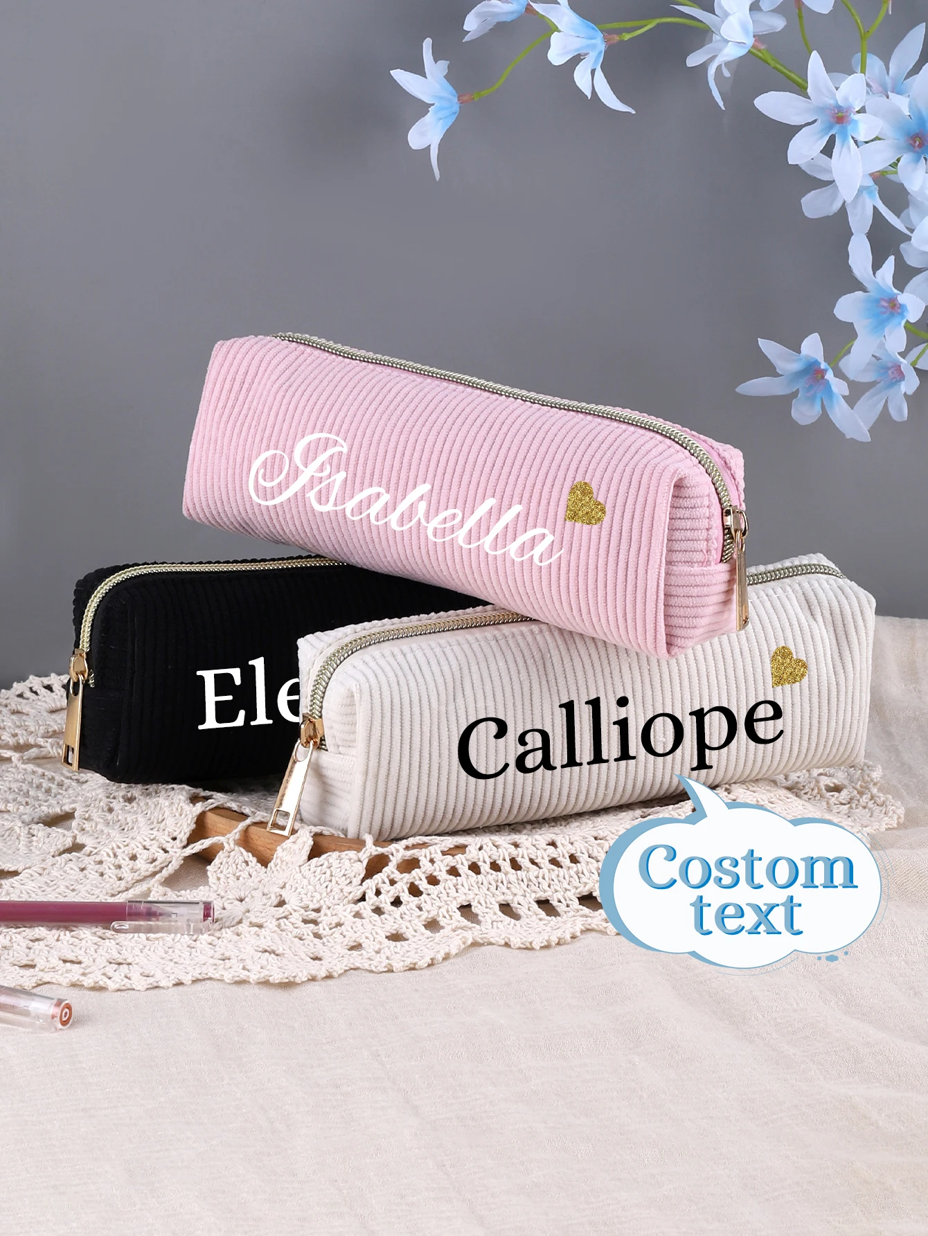 Heat Transfer Custom Name Corduroy Pencil Bag,Corduroy Pencil Case,Sweet Custom Gift for Back to School and Student Birthday