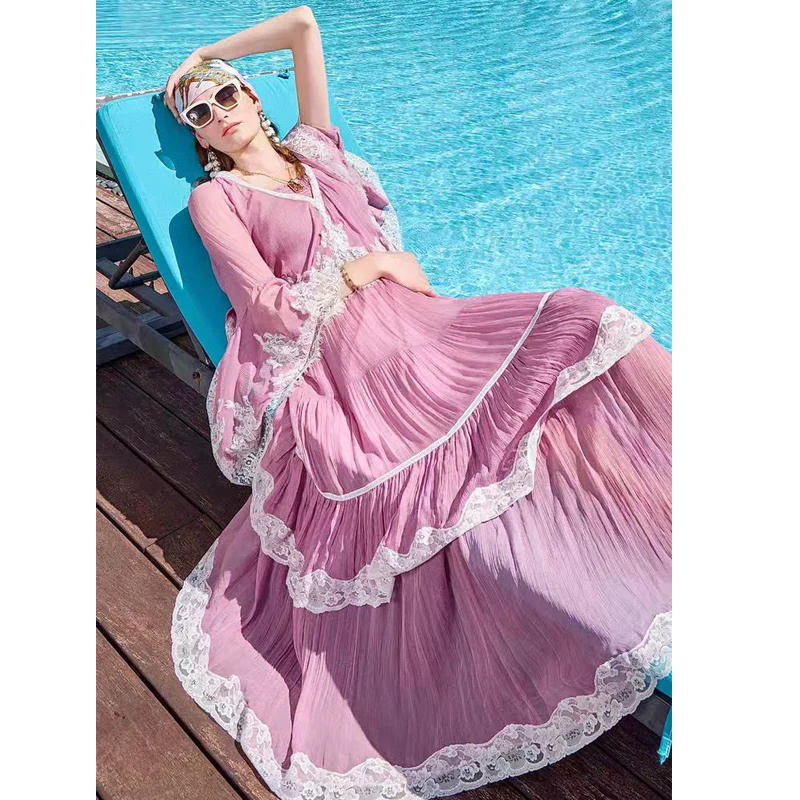

2026 Fashion Spring New V-neck Flared Sleeve Splice Lace Jacket+Camisole Dress Women's Vacation 2-Piece Set M-XL