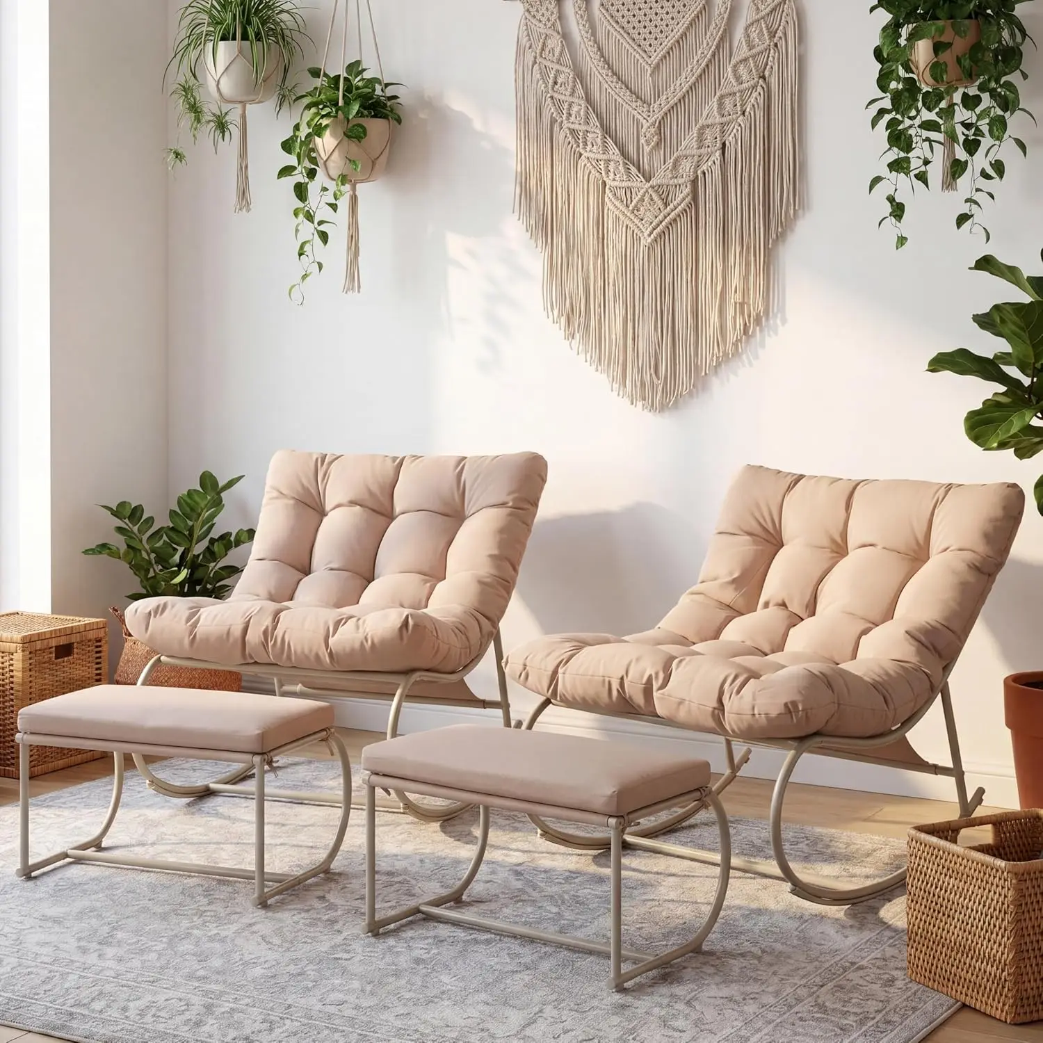 Double Papasan Rocking Chair 2-Pack with Ottoman, Egg Lounge Chair with Thick Cushion, Outdoor Furniture for Porch, Customized