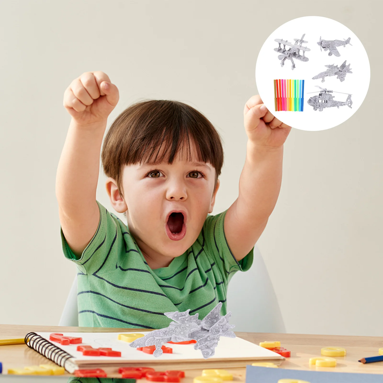 

4pcs 3D Puzzle Airplane Kids Puzzles With 12 Pen Markers Educational Painting Graffiti Art Craft Diy Set For Children