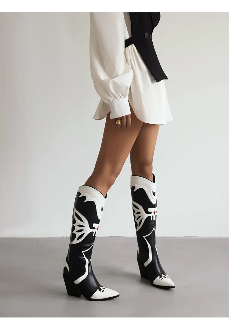 Design Leather Wedges Knee High Western Boots Women Embroidery High Heel Print Pointed Toe Boots ROME Gladiator Dress Lady Shoes image 4