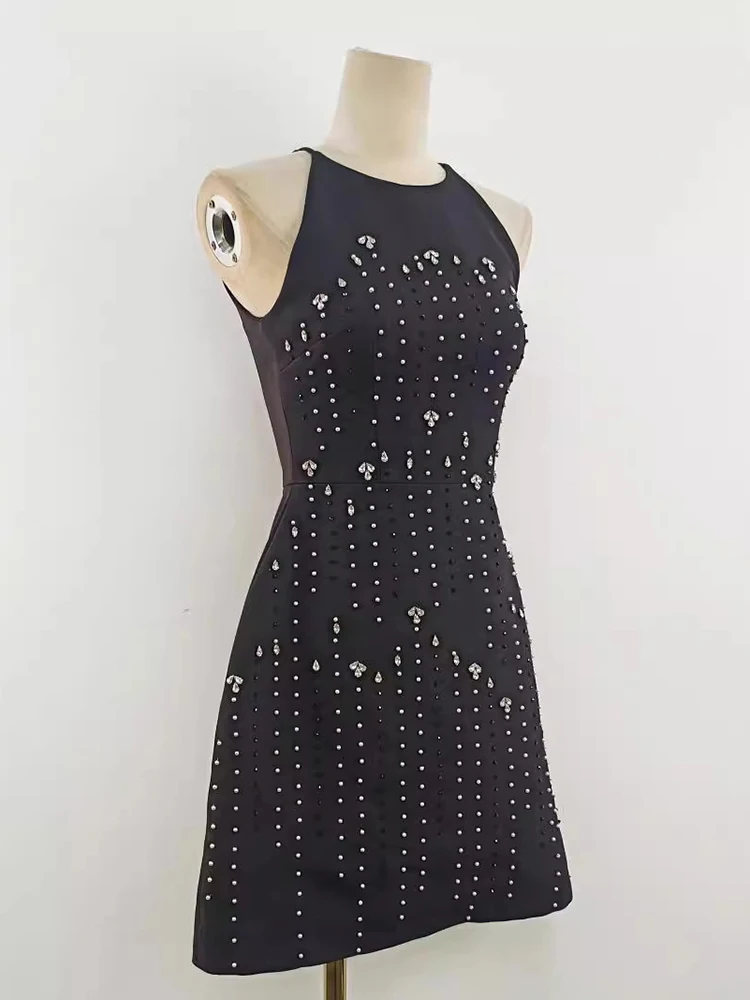 DEAT spliced Bead diamonds O-neck Sleeveless Women\'s Dress 2024 Autumn solid zipper High Waist Mini party Dresses New 13DL623