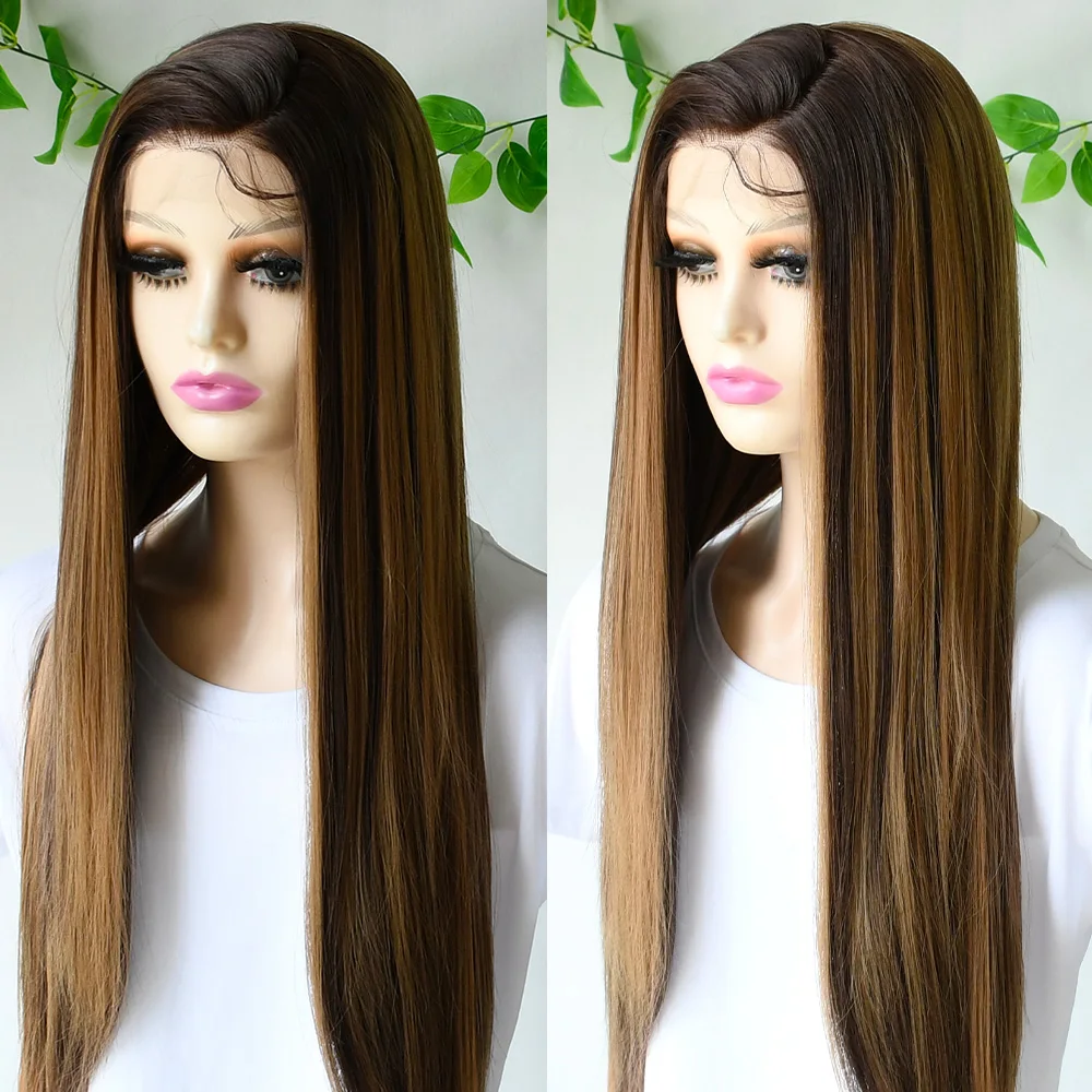 Long Straight Highlight Blonde Wig 13x4 Synthetic Lace Frontal Wigs Hd Lace Glueless Lace Front Wig For Black Women