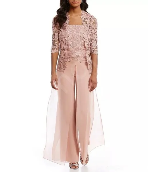 Personalizado chique blush rosa três peças mãe da noiva calça terno jaqueta de renda chiffon casamento flowy calças largas perna conjunto