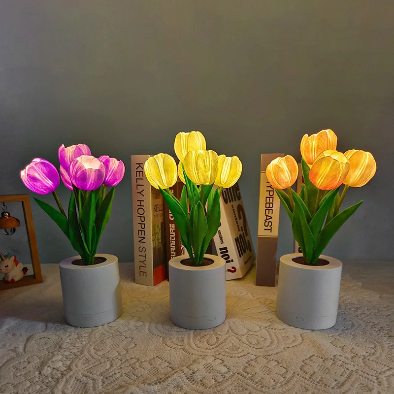 LED Tulip Night Light, Flower Bouquet Imitation Lamp, Ins Bedroom Decorative Ambient Table Lamp