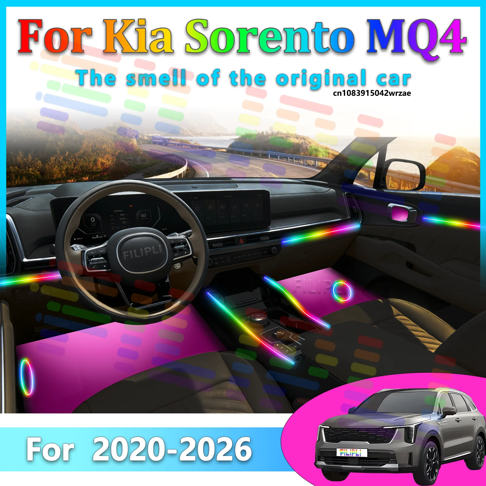 Für Kia Sorento MQ4 2020~2026 Auto LED Ambientebeleuchtung Farbige Atmosphärenlichter Auto-Innenraum Neonstreifen App-Steuerung 64 RGB-Lichter