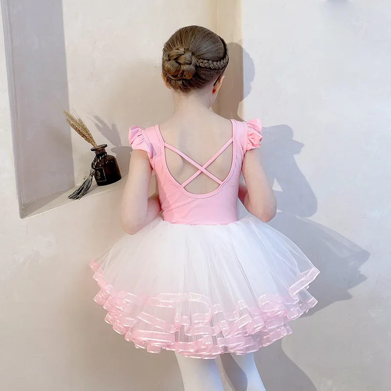 Pink dance dress for little girls, the hem of the pink outfit is trimmed with white satin ribbons, ballet tulle practice leotard
