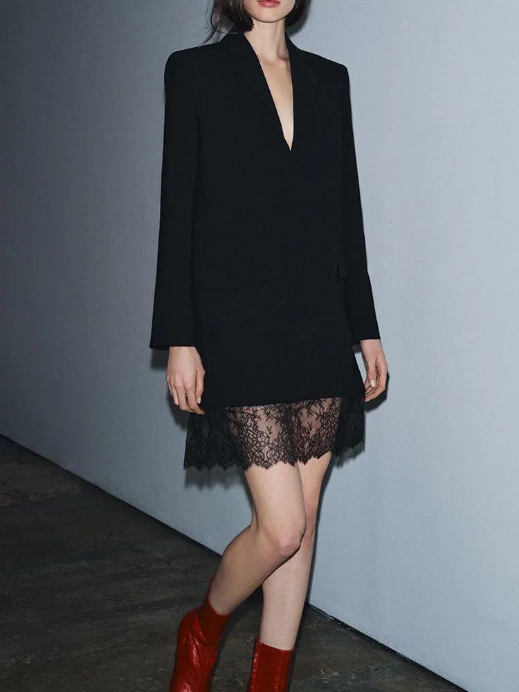 

Faionable Lace Suit-Sle Dr Ele Sweet New Arrival Winter 2025 Women's Clothing Midi Dr Long Sve Deep V Ne