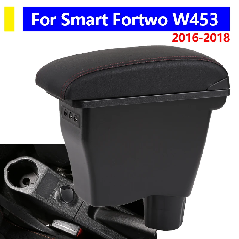 

Для Smart Fortwo W453 салон автомобиля, ящик для хранения центральной консоли, черный подлокотник из искусственной кожи с USB 2016 2017 2018, автомобильные аксессуары