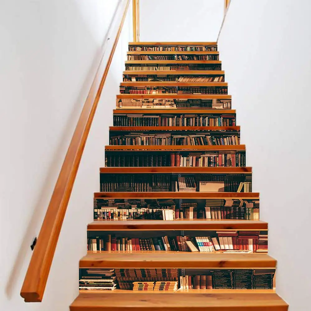 Vintage Bookshelf Stair Stickers Retro Library Staircase Riser Decals Books Education Stairway Murals Self-Adhesive Home Decor