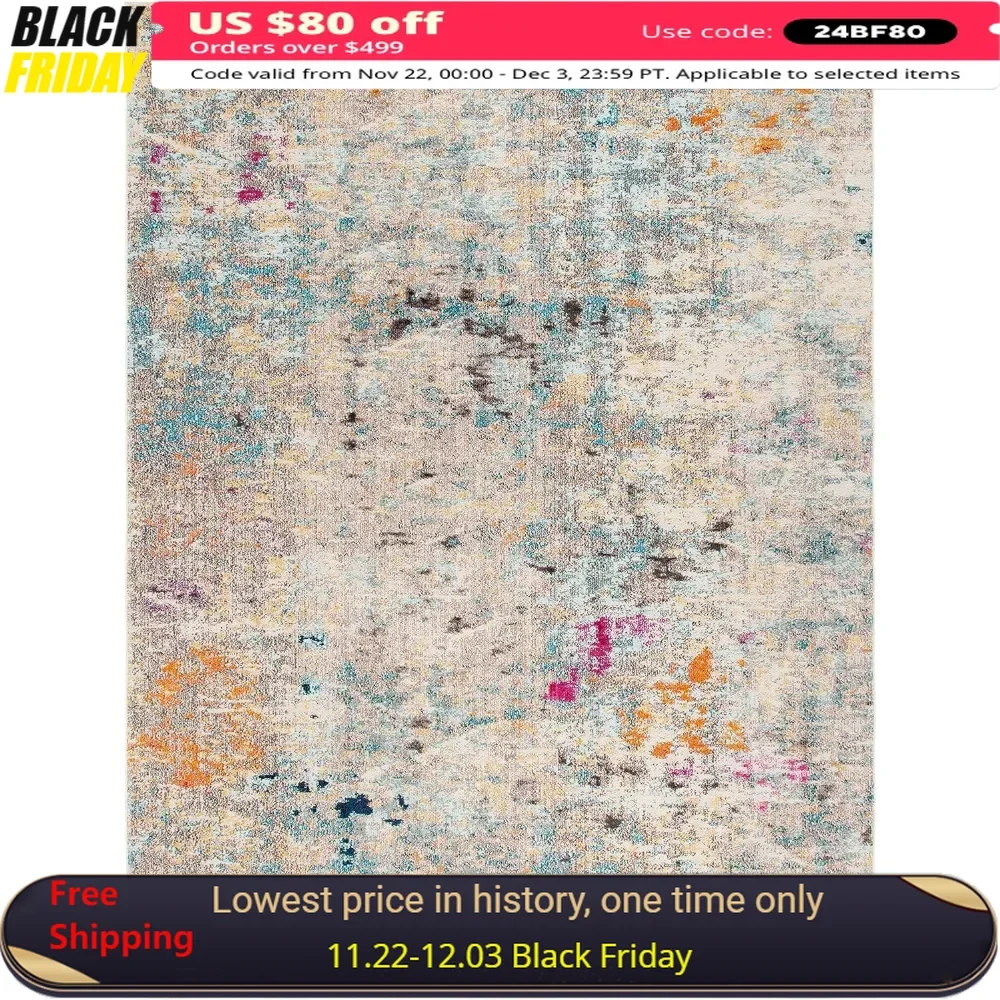 Large Area Rug - 12' x 15', Grey & Gold, Boho Abstract Distressed Design, Non-Shedding & Easy Care,for Living Room