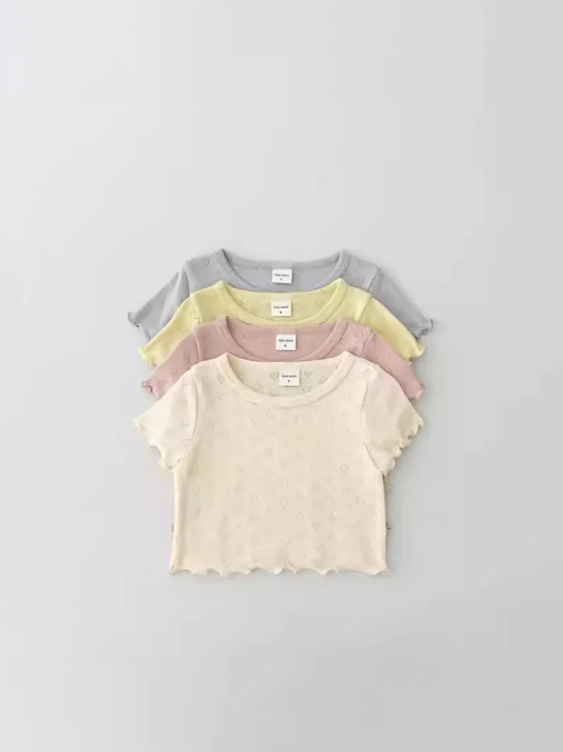 

2024 Summer New Baby Girl Solid Hollow Out Short Sleeve T Shirts Cotton Breathable Infant Casual Tees Toddler Versatile Tops