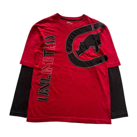 

Red Fake Two-piece T-shirt With Black Long Sleeves Euro-American Street Tide TOP