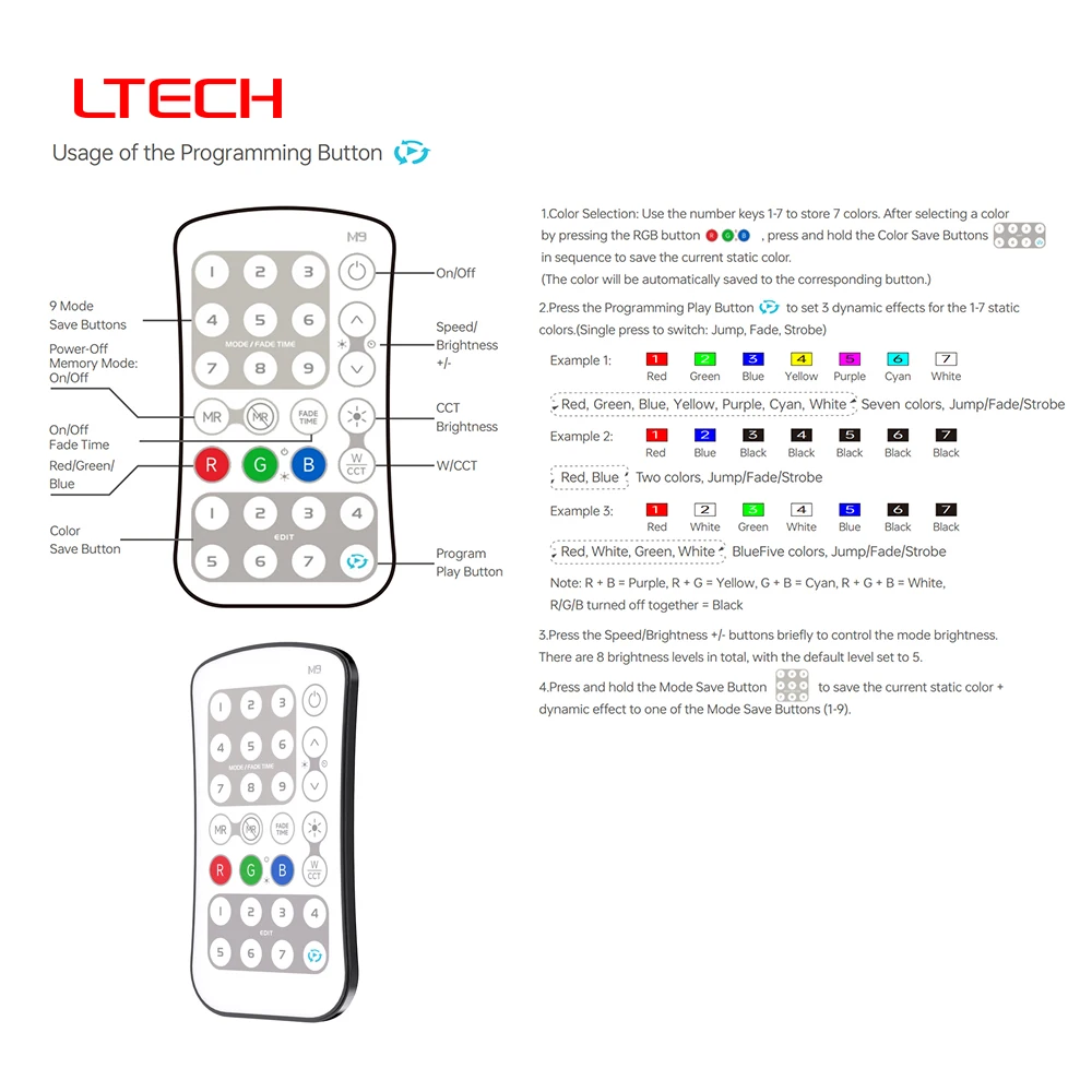 LTECH M9 RF2.4G DIY قابل للبرمجة أحادية/مزدوجة اللون RGB RGBW RGBWC جهاز تحكم LED لاسلكي لوحدة التحكم P-series (P1/P2/P3/P4/P5)