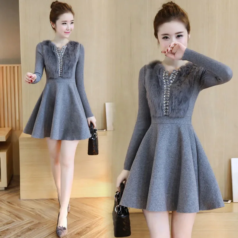 Autumn Winter Mid-Long Woolen Dress Women 2024 New Fashion Fur Collar Dresses Pure Colour V-Neck Elegant A-Line Skirt Top Female