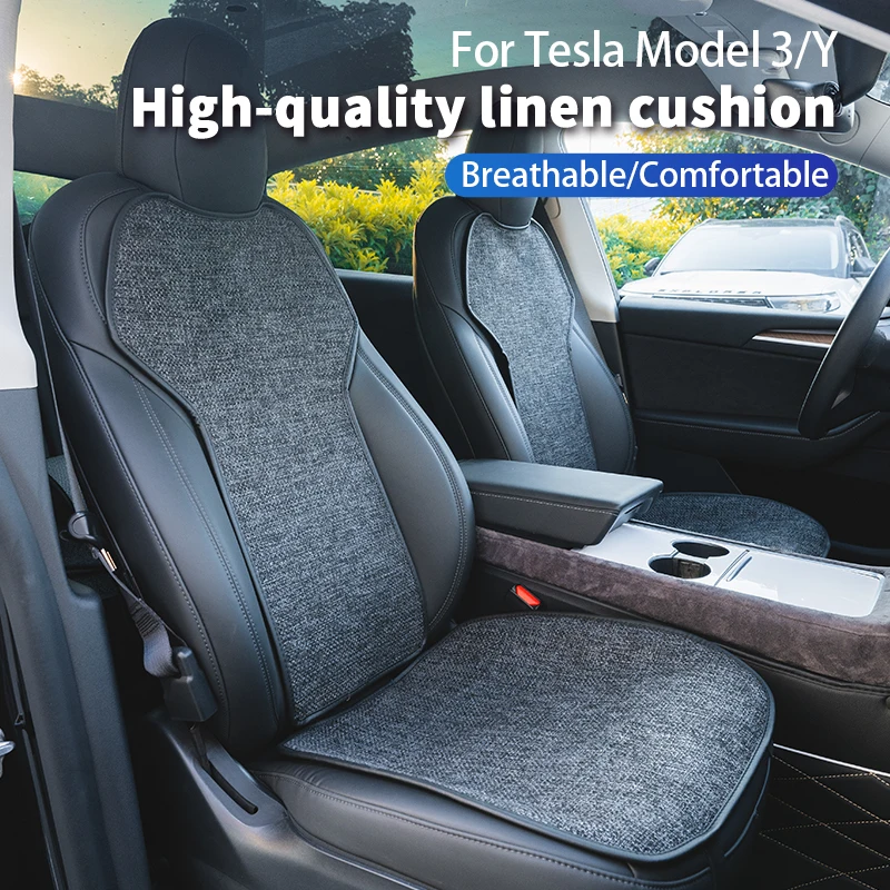 For tesla model Y 2019-2024 2025/model 3 seat cover linen cushion Breathable Sweatproof Four Seasons Seat Cover Car Accessories