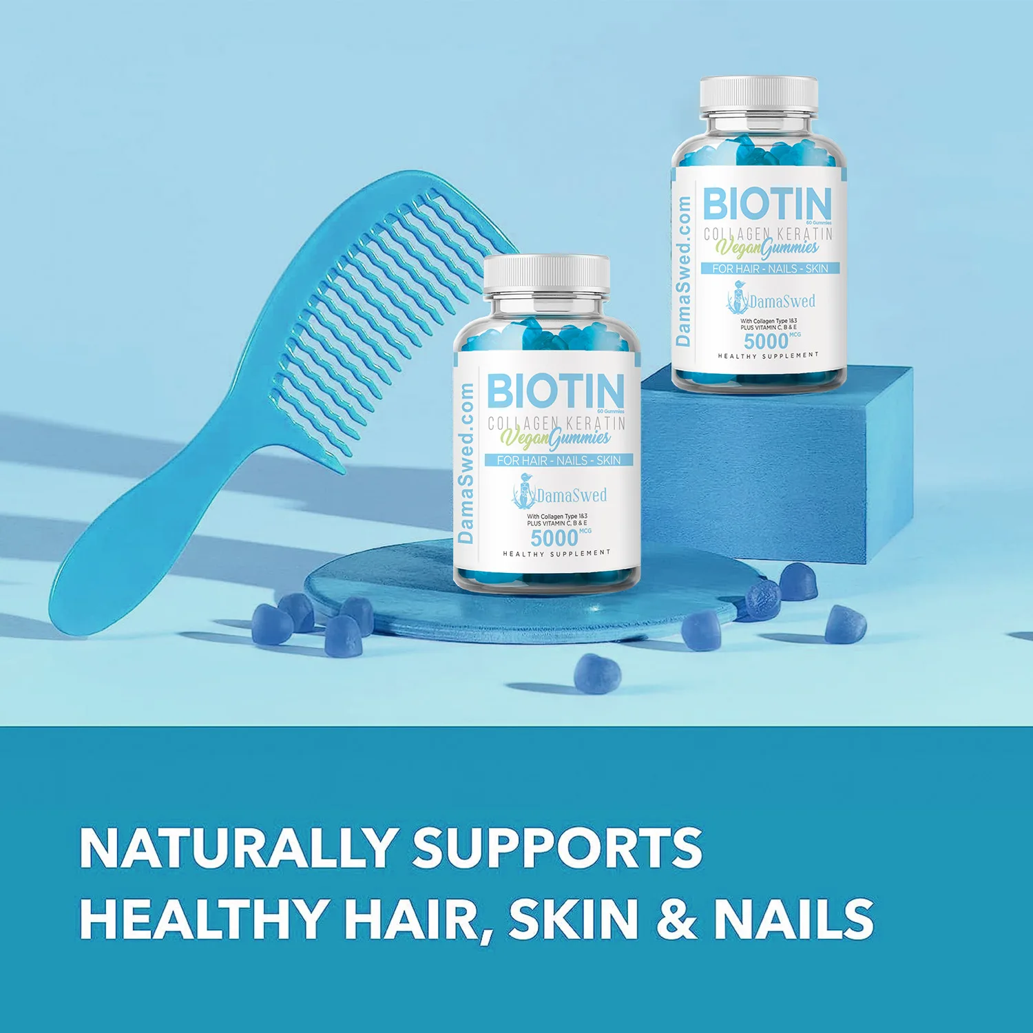 

Healthy hair, skin, and nails. Biotin gummies maintain normal metabolism and nervous system function in the body