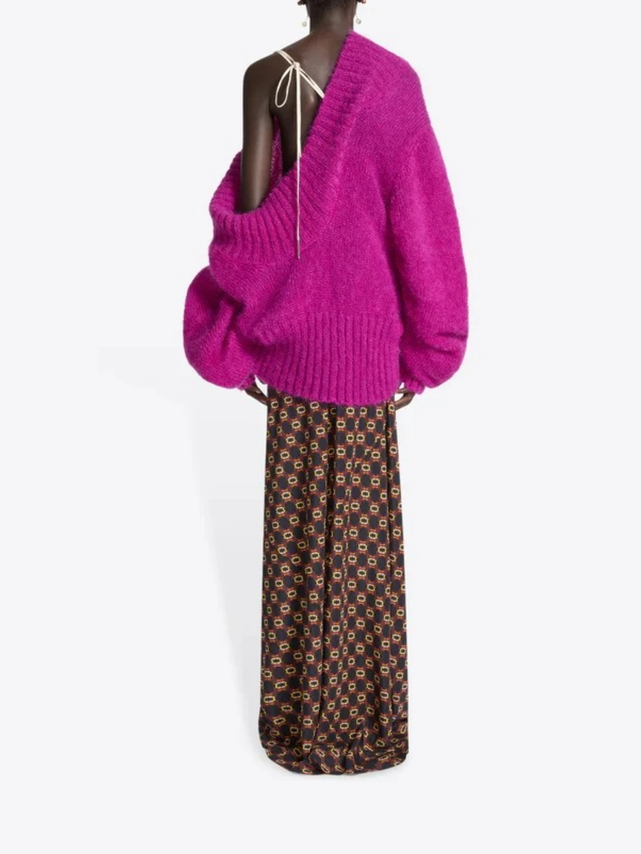 VGH suéter de moda de Color brillante para mujer cuello Diagonal fuera del hombro manga larga suéteres casuales sueltos mujer otoño