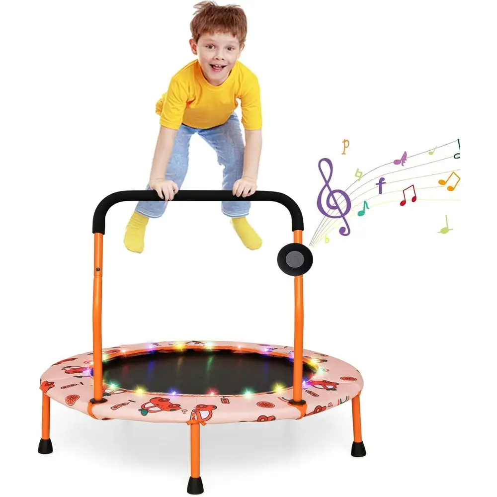 Portable LED Lighted Bluetooth Trampoline for Kids with Padded Cover, Suitable for Indoor and Outdoor Use