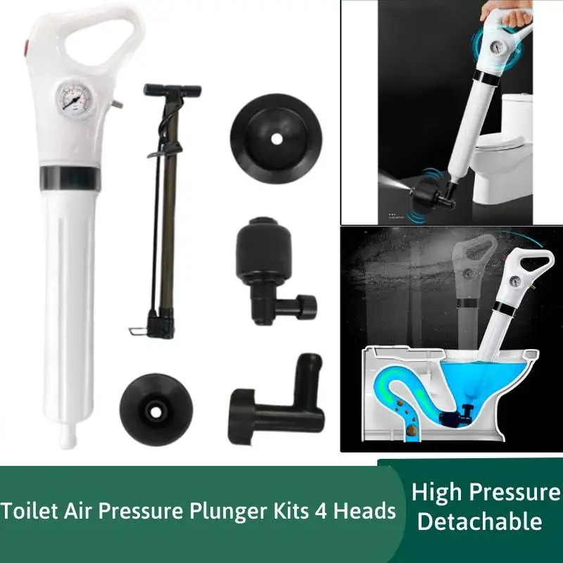 Toilet High Air Pressure Inflator Plunger Pump Kits Tool Pneumatic Dredger with 4 Heads Detachable Toilet plunger Clog Remover