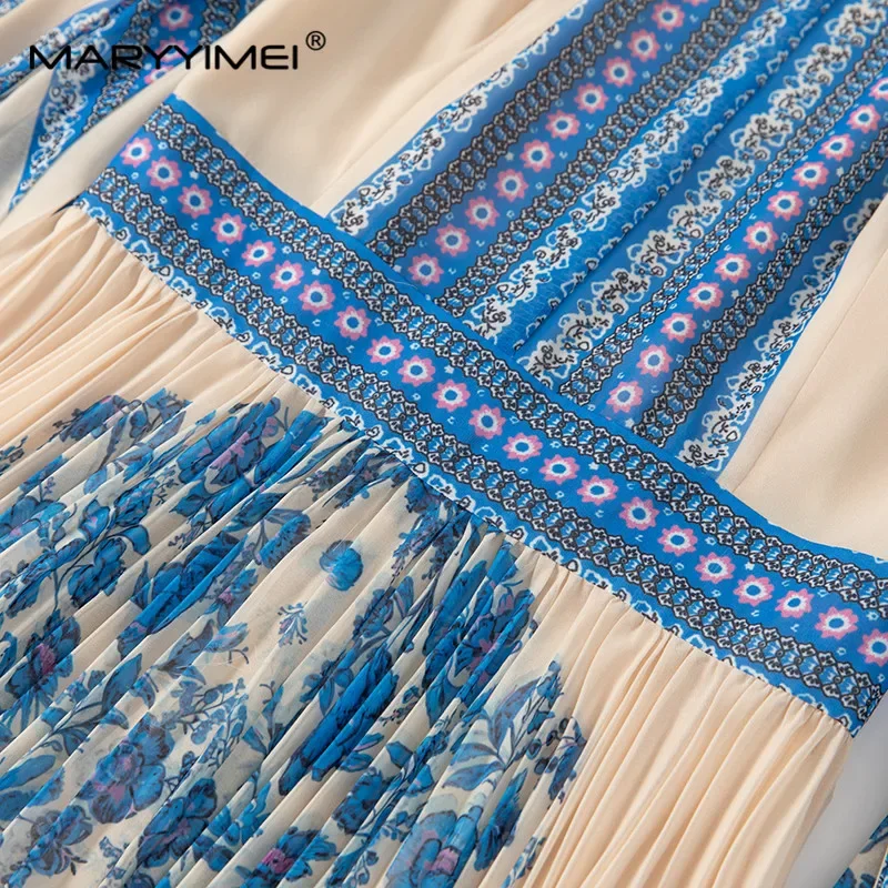 MARYYIMEI Fashion design Women's Dress Stand collar Lantern Sleeved High waist Vintage Print Pleated Splicing S-4XL Dresses