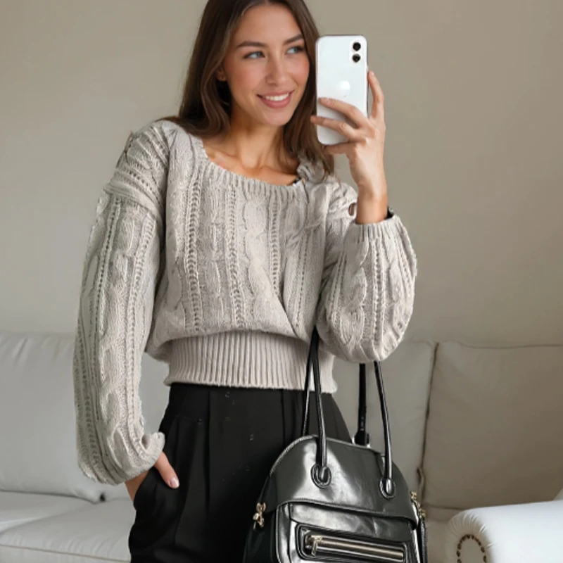 Maglieria con maniche a lanterna da donna nuova autunno/inverno elegante maglione pullover con collo quadrato tinta unita maglione casual a maniche lunghe