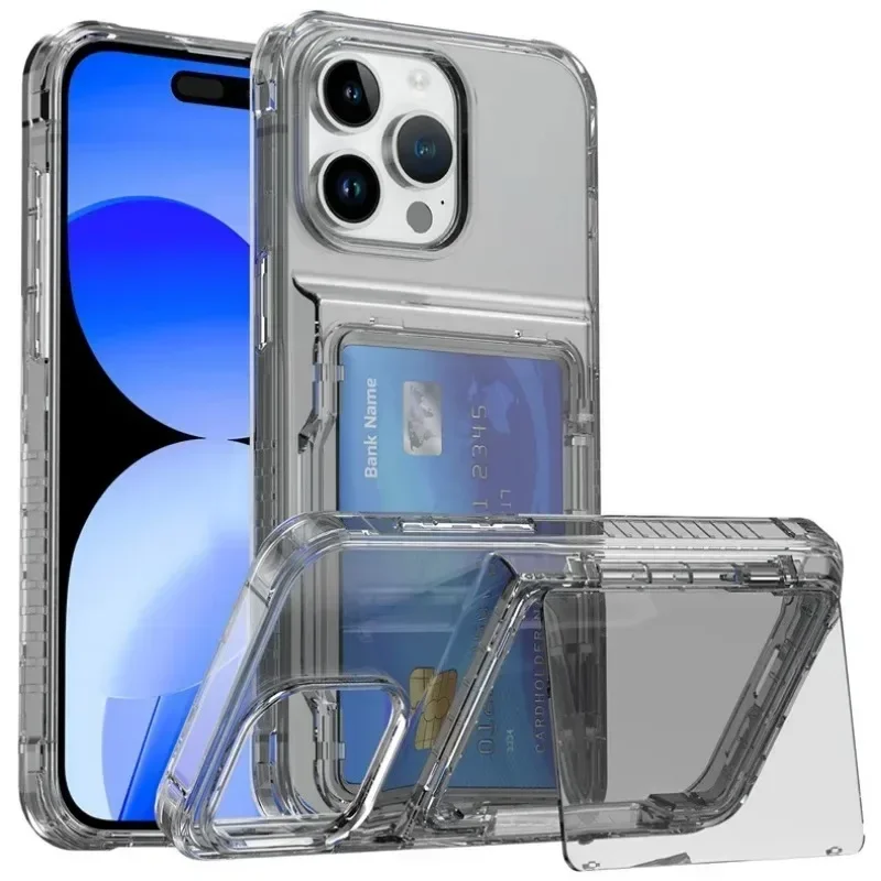 Transparente Kartensteckplatz-Halterung, Handyhülle für iPhone 16, 15, 14 Plus, 13, 12, 11 Pro Max, Ständer, stoßfeste Hart-Acryl-Abdeckung
