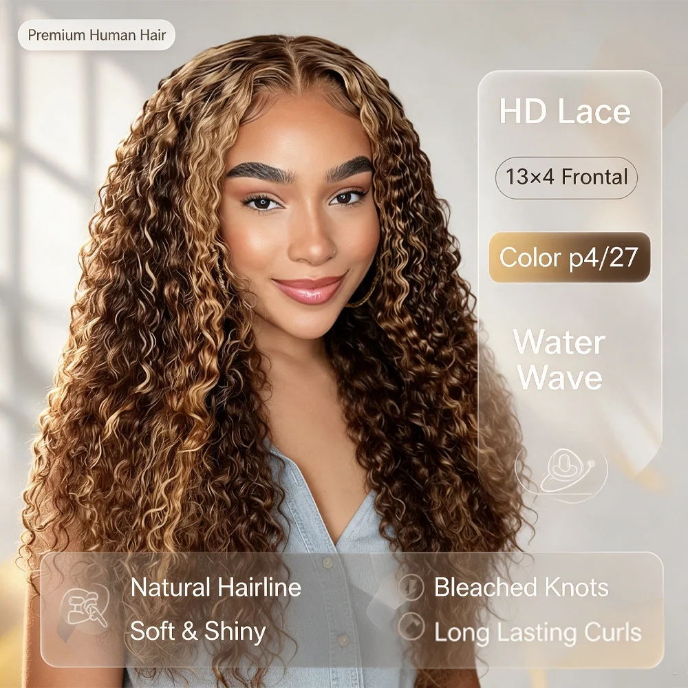 Water Wave Human Hair Wig for Women 200 250 Density 4/27 Highlight 13x4 HD Lace Frontal Human Hair Wig 5x5 HD Lace Closure Wig