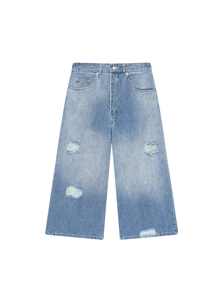 European style new women's fashion versatile and elegant loose fit washed distressed wide-leg denim jeans