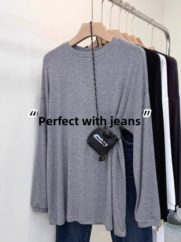 Gray round Neck Modal Long Sleeve T-Shirt Women's Loose Elastic Mid-Length Cover Butt Trendy Top for Commuting Autumn Season