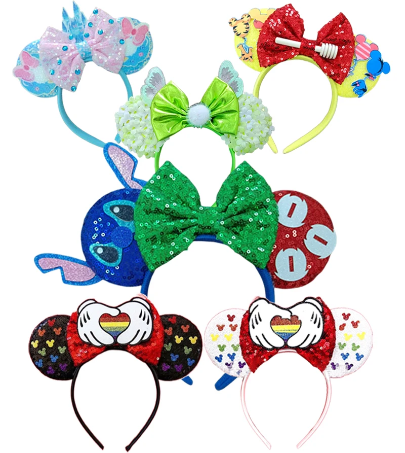 2024 New Mickey Mouse Ears Headbands Women Child Party Hair Accessories Lilo Stitch Headband for Girls Kids Sequins Bow Hairband