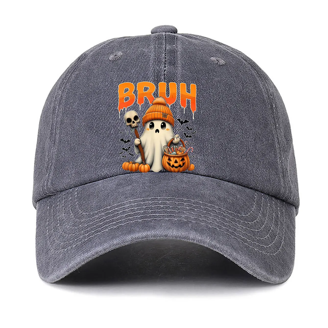Brun Kawaii Ghost Тыква Фонарь Бейсболка с принтом Винтаж Хэллоуин Женщина Мужчина Регулируемая мытая шляпа Классическая кепка дальнобойщика