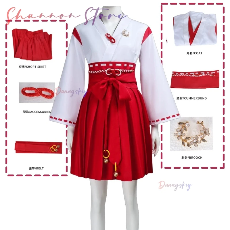 كوسبلاي سايلنت هيل كوسبروفе- فستان كيمونو ياباني أحمر-أبيض وحزام على شكل فيونكة وإكسسوارات جرس، رداء الهالوين ملابس الحفلات