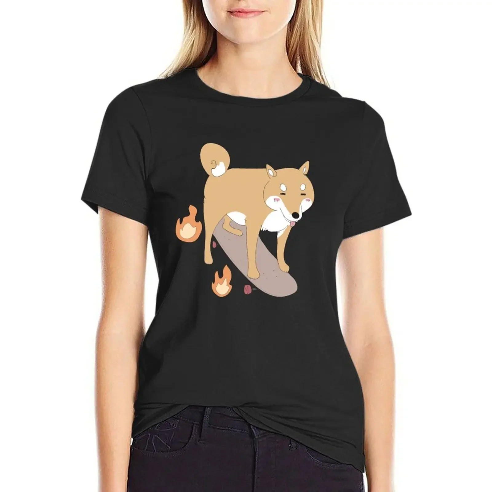 

Shiba Inu Skate Doggo Meme - flames version T-Shirt sublime blanks Aesthetic clothing lady clothes tops Women