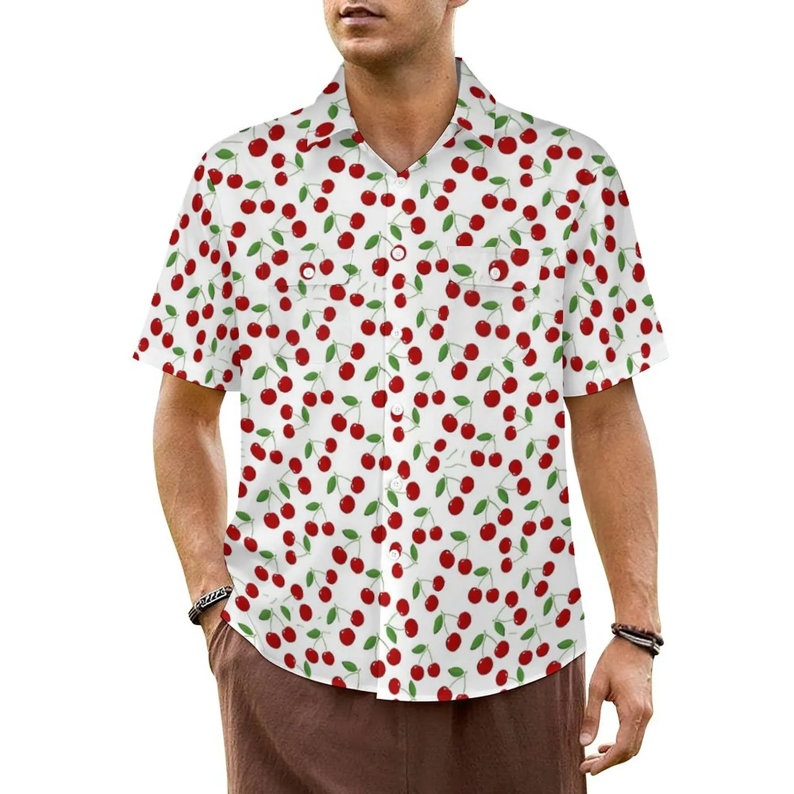 

Red Cherries Print Hawaiian Shirt For Men Beach Cute Fruits Casual Shirts Short Sleeve Korean Fashion Vintage Oversized Blouses