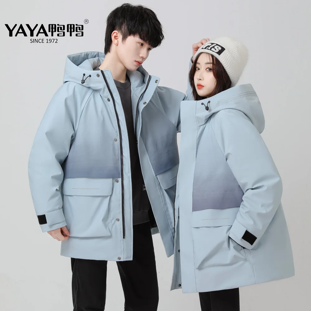 YAYA 2022 Women & Man Down Jacket Hood Couples Version Winter Medium-Length Gradient Color Waterproof Windbreak   Padded Parkas